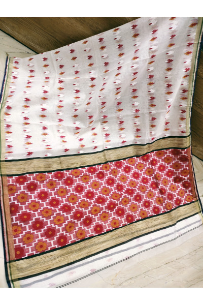 All Over Butta Weaving Beige White Cotton Silk Saree With Contrast Color Pallu (KR1039)